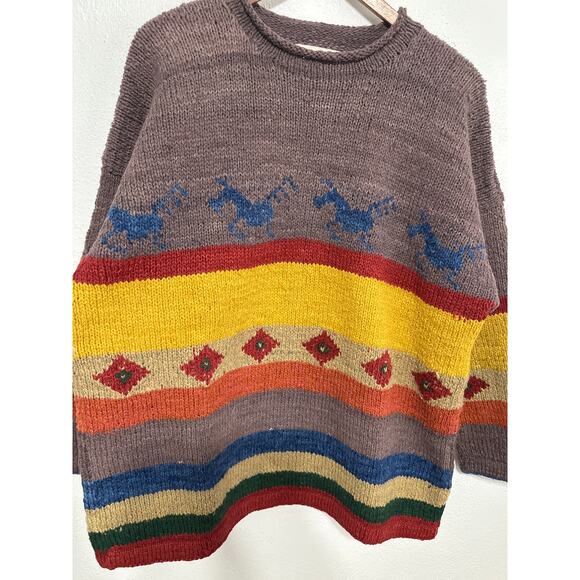 AMANO Equestrian Horse Rainbow Striped 100% Wool Sweater Heavyweight Aztec XL - Picture 4 of 13